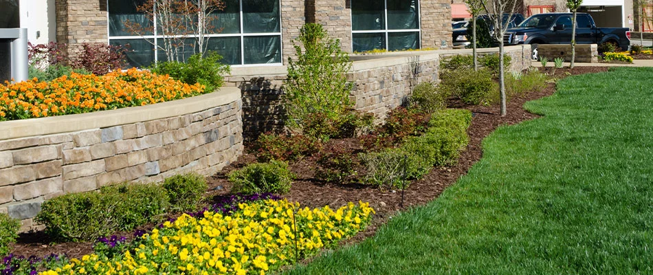 Landscape installation with flowers in front of a commercial building in West Des Moines, IA.