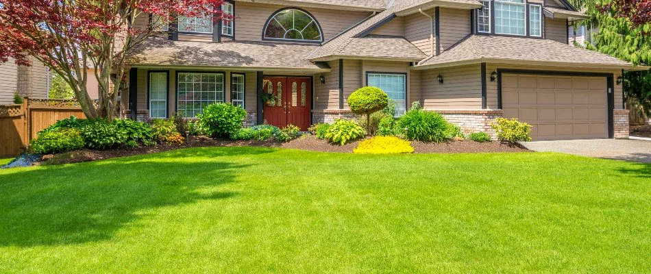 Green lawn in sunlight and a brown house in Capitol Heights, IA.
