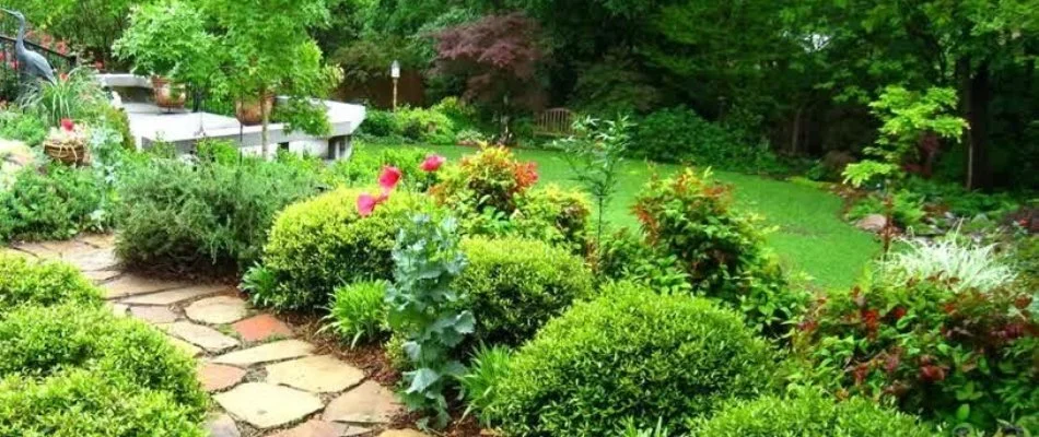 Shrubs, flowers, and plantings along a walkway in Prairie City, IA.